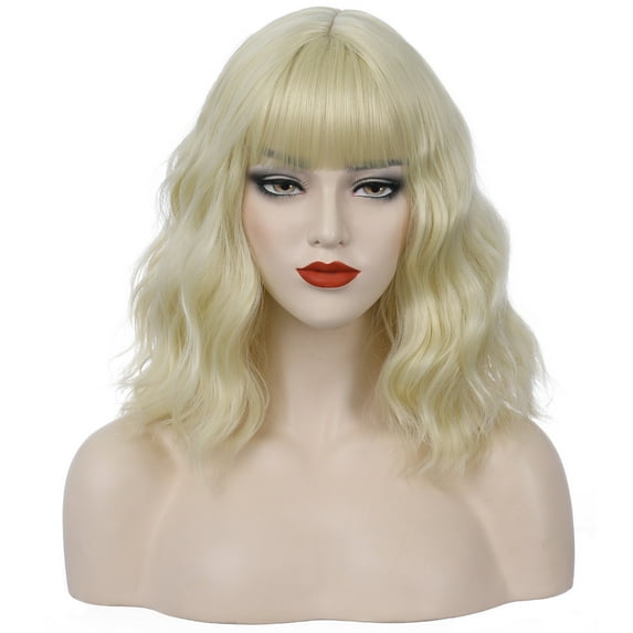 BERON Light Blonde Wigs Short Curly Bob Wig with Bangs Wavy Hair Wigs 14 Inches Women's Synthetic Wigs Daily Party Use