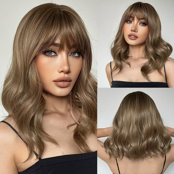 BERON Mixed Blonde Short Wavy Wig With Bangs for Women Girls Heat Resistant Hight Density Synthetic Wigs