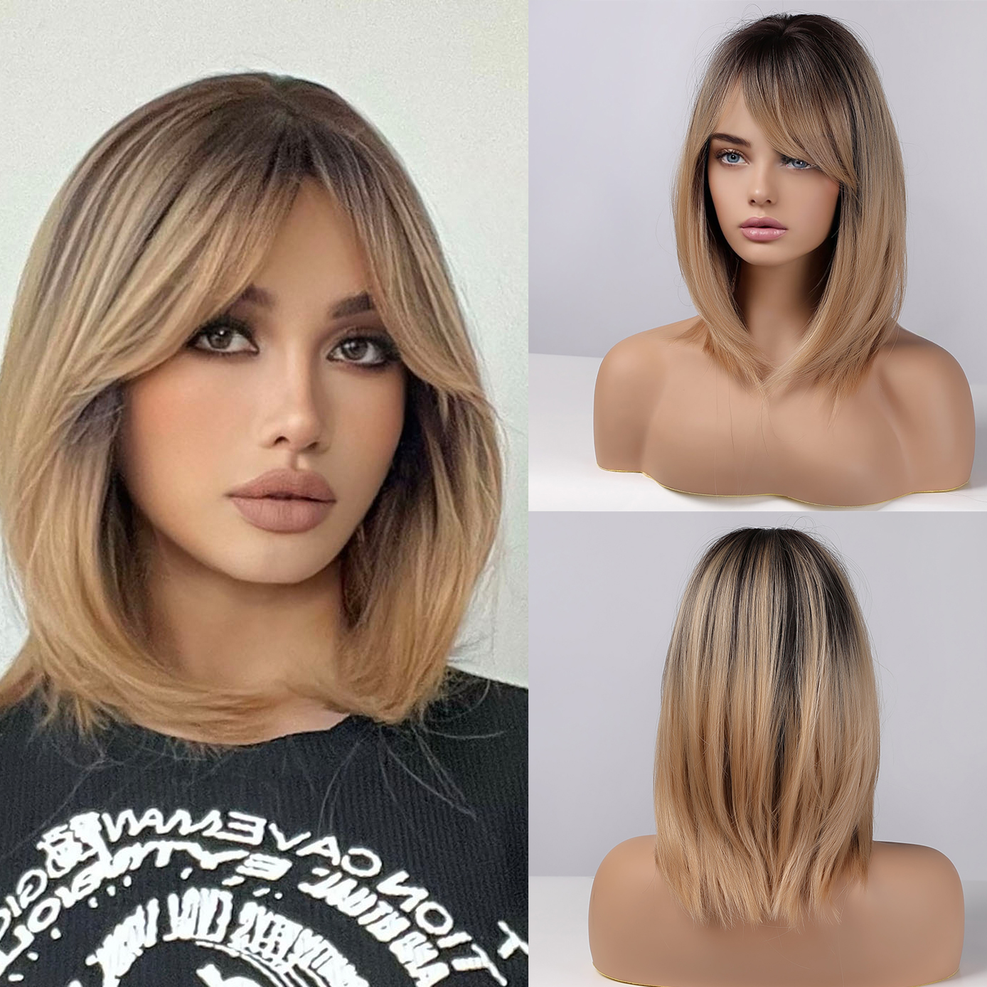 BERON Ombre Blonde Short Straight Bob Wig With Bangs for 