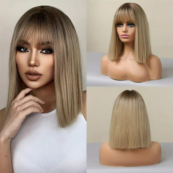 BERON Ombre Brown Short Straight Bob Wig With Bangs for Women Heat Resistant Synthetic Hair Wigs for Daily Use