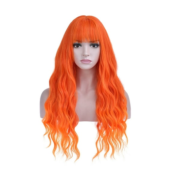 BERON Orange Wavy Wigs Women Long Wig with Bangs 28'' Wavy Curly Synthetic Wigs