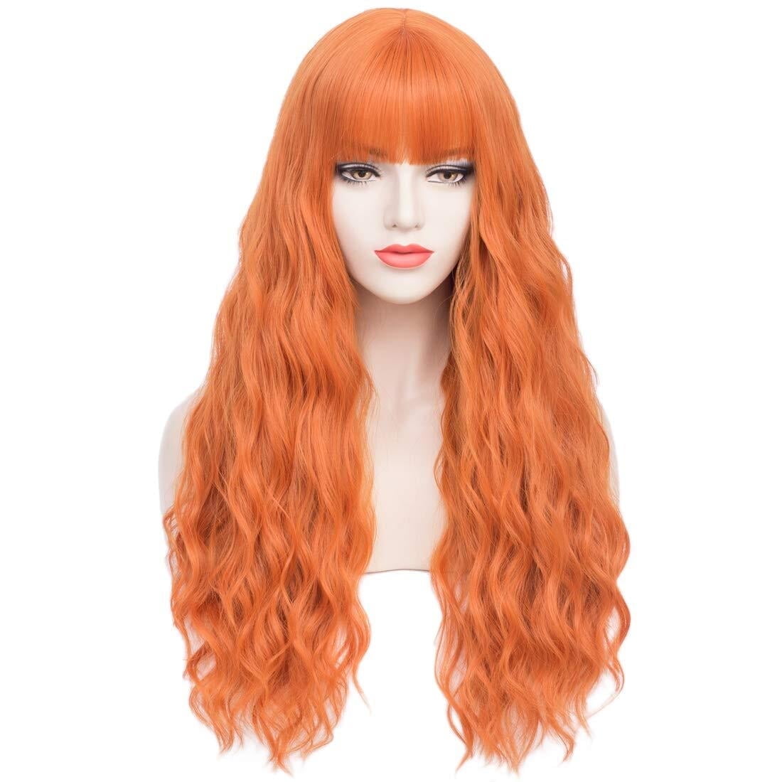 BERON Orange Wig Curly Wavy Wig With Bangs for Women Curly Wavy Synthetic Wigs for Girls Daily Party Use Wig Cap Included