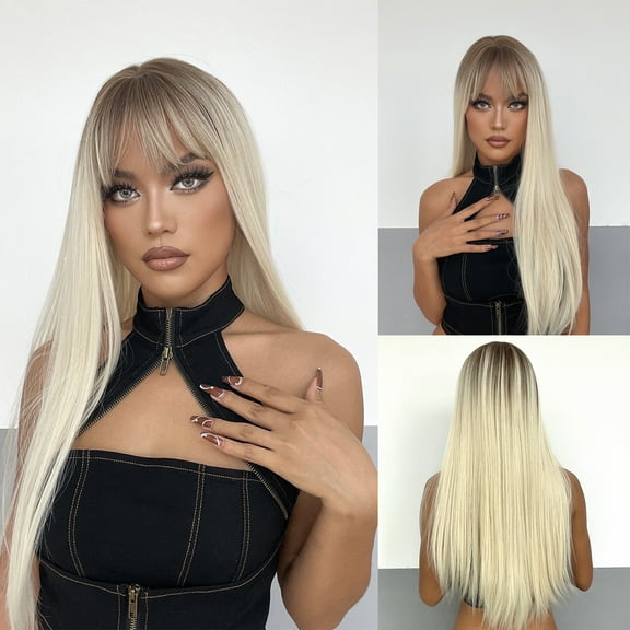 BERON Platinum Blonde Ombre Long Straight Wig With Bangs Light Platinum Blonde Wig for Women Heat Resistant Fiber Wig for Daily
