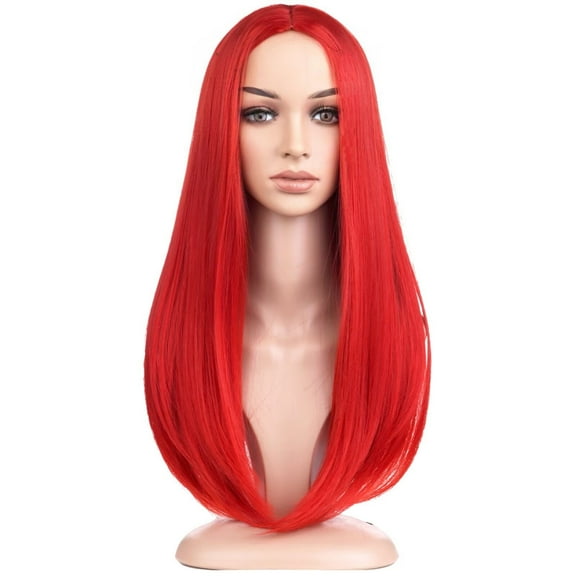 BERON Red Long Straight Hair Wig Women's Heat Resistant Synthetic Middle Part Wigs Cosplay Halloween Party or Daily with Wig Cap
