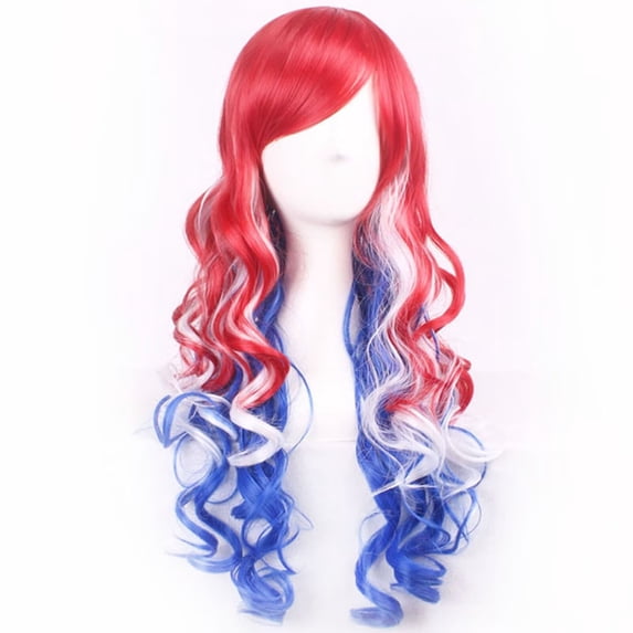 BERON Red White Blue Mixed Long Wavy Wigs for Women with Bangs Girls Heat Resistant Synthetic 4th of July Cosplay Costume Anime Hair Wigs