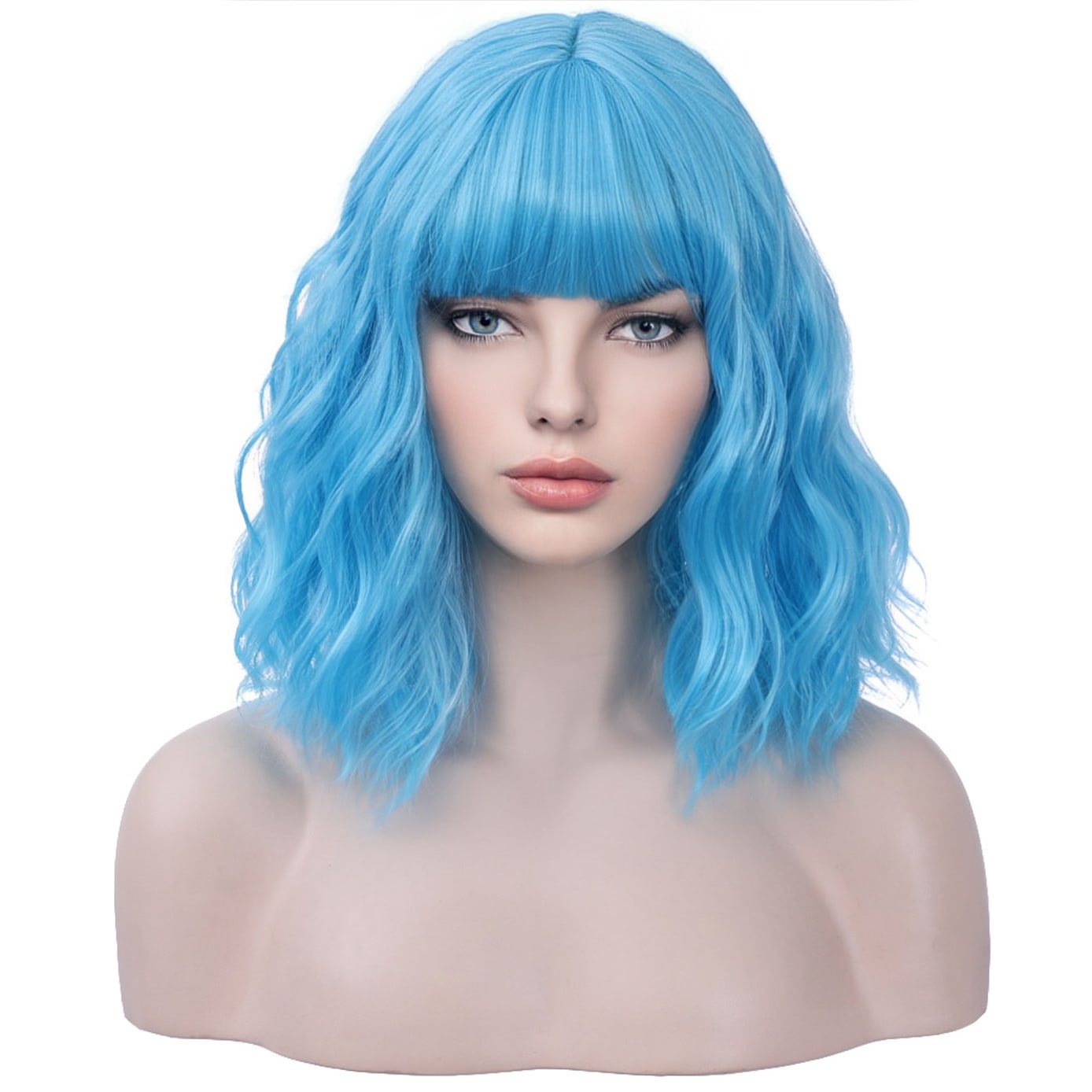 BERON Sky Blue Short Curly Bob Wig for Women Natural Looking Synthetic Heat Resistant Fiber Wig for Daily Use Wig Cap Included