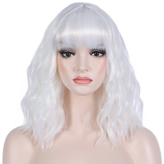 BERON White Wigs Short Curly Bob Wig with Bangs Wavy Hair Wigs 14 Inches Women's Synthetic Wigs Daily Party Use