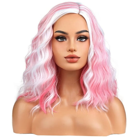 BERON White and Pink Wigs for Women Girls Short Curly Wavy White Mixed Pink Color Side Part Synthetic Wig for Costume Cosplay Party Daily Wig
