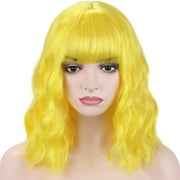 BERON Yellow Wigs Short Curly Bob Wig with Bangs Wavy Hair Wigs 14 Inches Women's Synthetic Wigs Daily Party Use