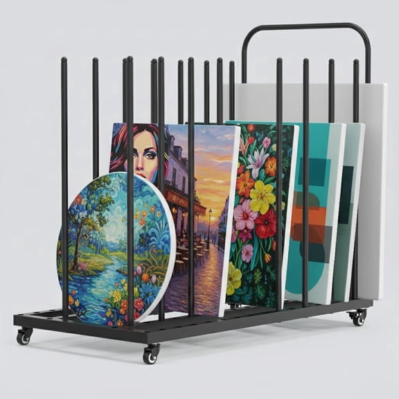 BERPET Art Drying Rack with Wheels, Metal Canvas Storage Rack with Fixed Handle for Paintings, Panels, Frames, Prints and Artwork, Rolling Art Storage Organizer for Studios, Classrooms and Galleries