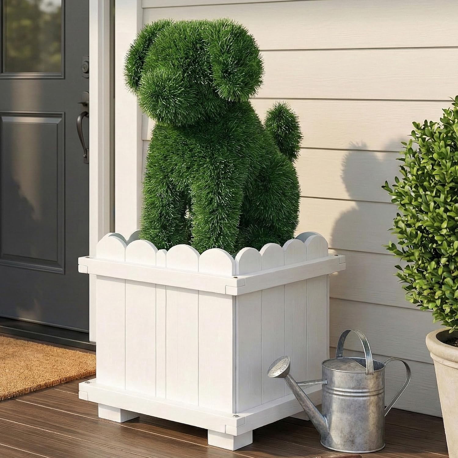BERPET 34.65 in Artificial Dog Topiary with White Planter Box, Faux Grass Outdoor Garden Sculpture for Porch, Patio, Front Door, 1 Pack