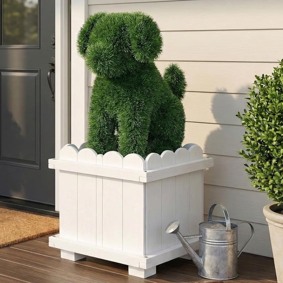 BERPET Artificial Dog Topiary with White Planter Box - 34.65"H Faux Grass Garden Sculpture for Front Door, Porch, Patio - 1 Pack