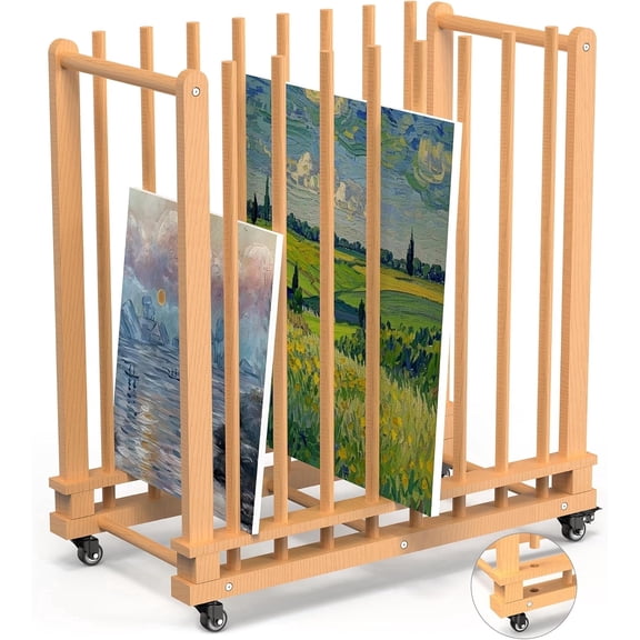 BERPET Beech Wood Art Storage Rack with Wheels, 15.7" x 27.9" x 32.2" Canvas Drying Rack for Paintings, Prints, Panels and Drawing Boards, 110 lbs Capacity