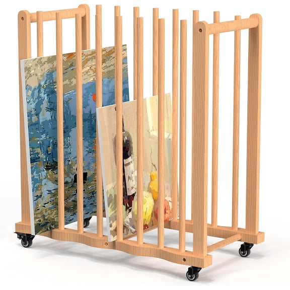BERPET Beech Wood Canvas Drying Rack with Wheels, Portable Art Storage Rack for Paintings, Panels, Frames and Prints, Single Layer Base with Removable Rods