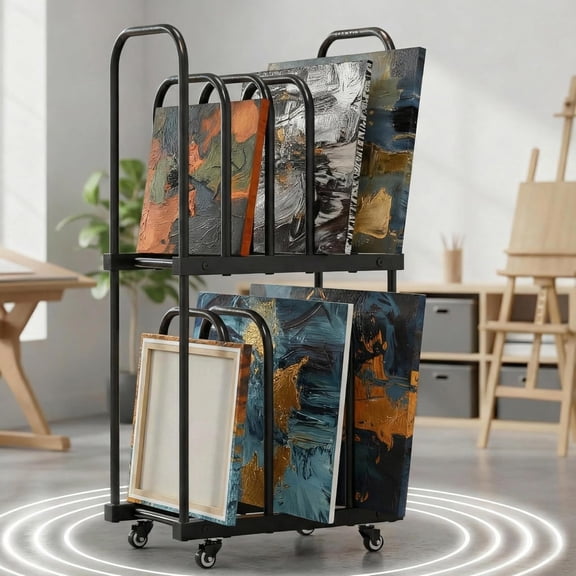 BERPET Double-Tier Art Drying Rack with Wheels, Metal Canvas Storage Rack, Mobile Art Stand for Paintings, Panels, Frames, Prints and Artwork, Rolling Organizer for Studios, Classrooms and Galleries