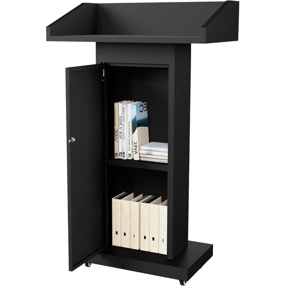 BERPET Podium Stand for Lectern Presentation Church - 44.5"H Metal Pulpit with Side Storage & Locking Wheels for Classroom, Wedding Speech