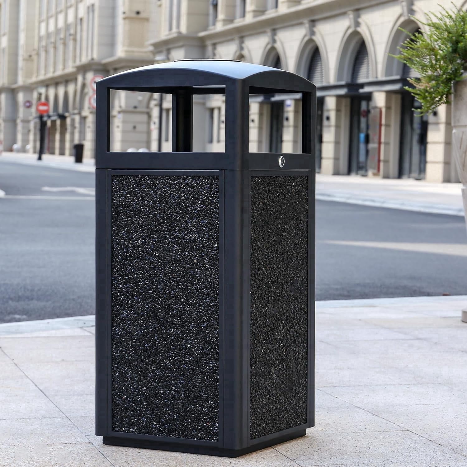 BERPET 15 Gallon Commercial Outdoor Trash Can with Ashtray Top, Steel Waste Receptacle with Stone Panels, Removable Liner and Locking Door