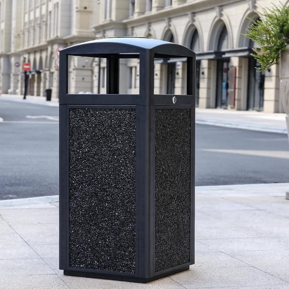 BERPET 15 Gallon Commercial Outdoor Trash Can with Ashtray Top, Steel Waste Receptacle with Stone Panels, Removable Liner and Locking Door