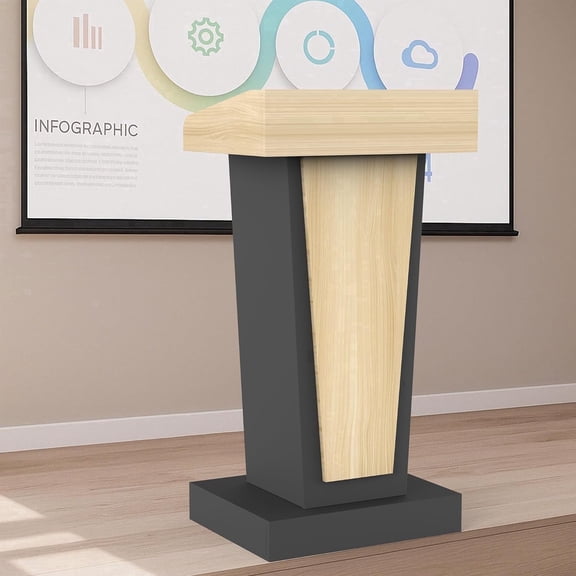 BERPET Wooden Podium Stand with Wheels, 46.5" Floor Standing Rolling Lectern with Dual Storage & 4" Adjustable Footrest, Mobile Podium for Church, Classroom, Conference, White/Black