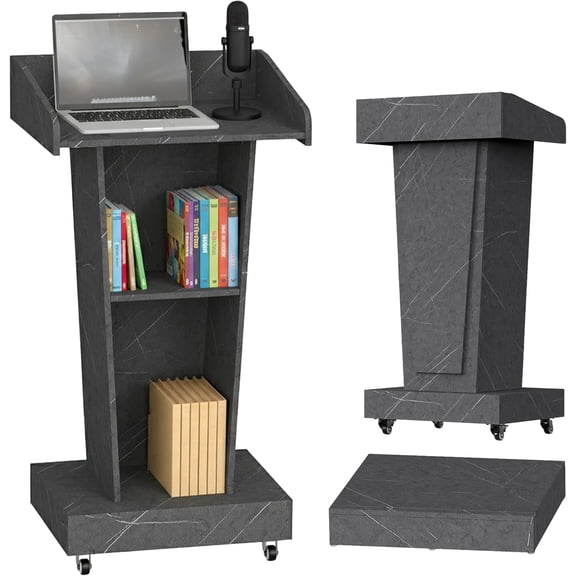 BERPET Wooden Podium Stand with Wheels, 23.6" Mobile Lectern with Concealed Storage, Footrest & Built-In Cable Holes, Marble Texture Finish Podium for Church, Office, Conference