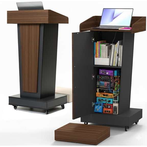 BERPET Wooden Podium Stand with Wheels & Storage - Mobile Lectern with 4" Adjustable Footrest for Church, Classroom, Conference - Natural Wood
