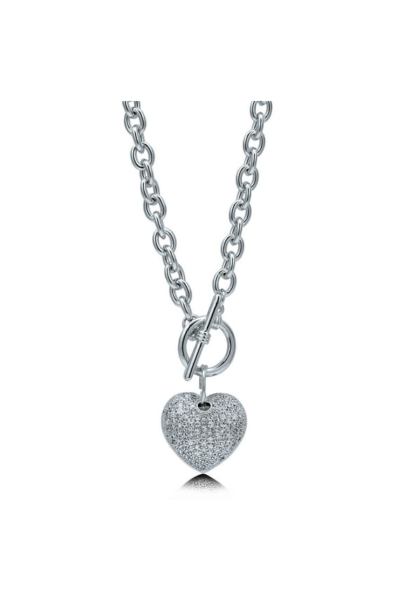 Heart Cubic Zirconia CZ Fashion Toggle Pendant Necklace for Women, Silver-Tone, 20 Inch