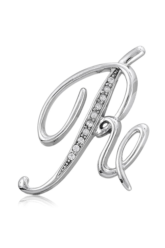 Initial Letter 'R' Fashion Brooch Pin for Women, Silver-Tone