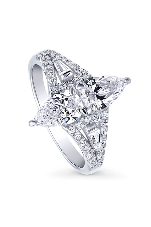 Sterling Silver 2-Stone Cubic Zirconia CZ Vintage Inspired Art Deco Fashion Ring for Women, Rhodium Plated Size 7