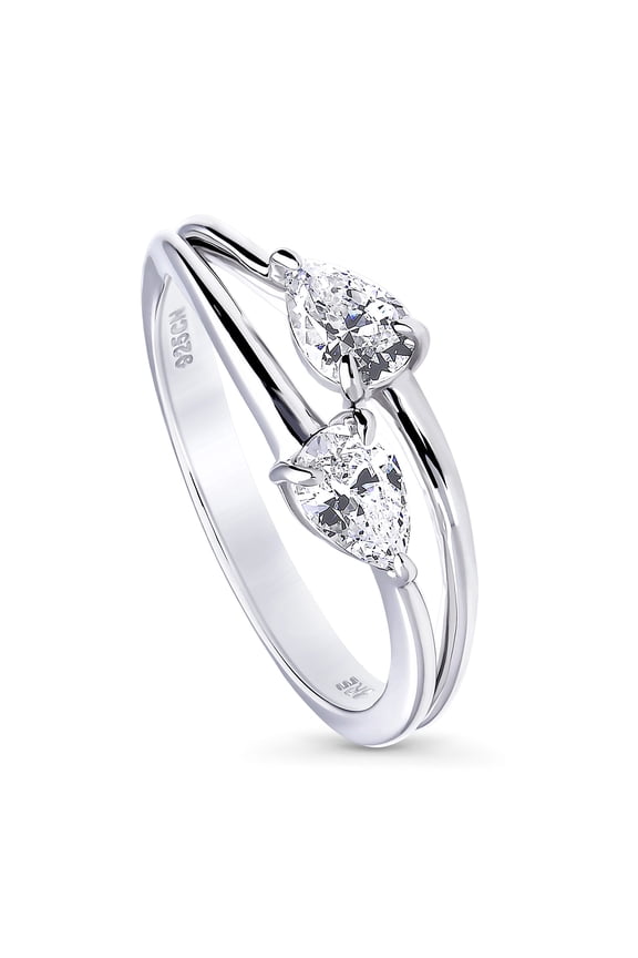 Sterling Silver 2-Stone Rings Cubic Zirconia CZ Promise Split Shank Ring for Women, Rhodium Plated Size 4