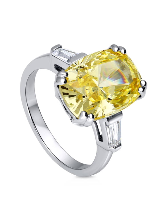 Sterling Silver 3-Stone Canary Yellow Cushion Cut Cubic Zirconia CZ Statement Cocktail Fashion Anniversary Ring for Women, Rhodium Plated 9 Carat Size 9.5