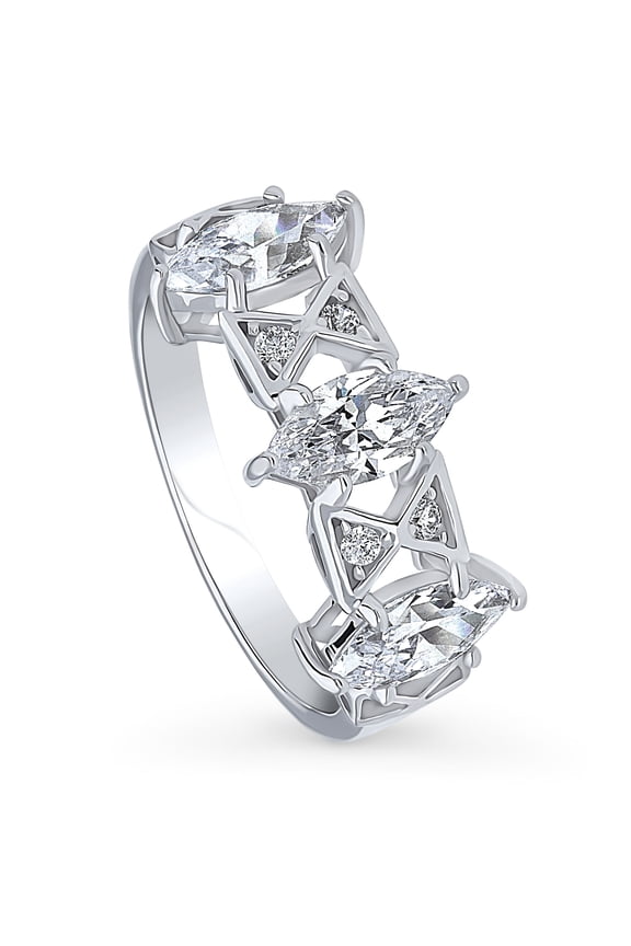 Sterling Silver 3-Stone Marquise Cut Cubic Zirconia CZ Statement Vintage Inspired Art Deco Fashion Ring for Women, Rhodium Plated 1.35 Carat Size 4