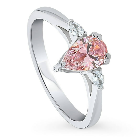 BERRICLE Sterling Silver 3-Stone Morganite Color Pear Cut Cubic Zirconia CZ Fashion Anniversary Ring for Women, Rhodium Plated 0.8 Carat Size 5.5