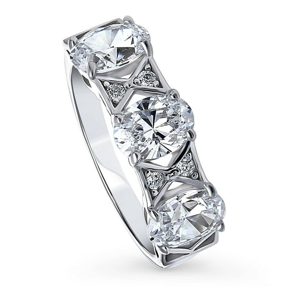 BERRICLE Sterling Silver 3-Stone Oval Cut Cubic Zirconia CZ Statement Vintage Inspired Art Deco Fashion Ring for Women, Rhodium Plated 2.1 Carat Size 10