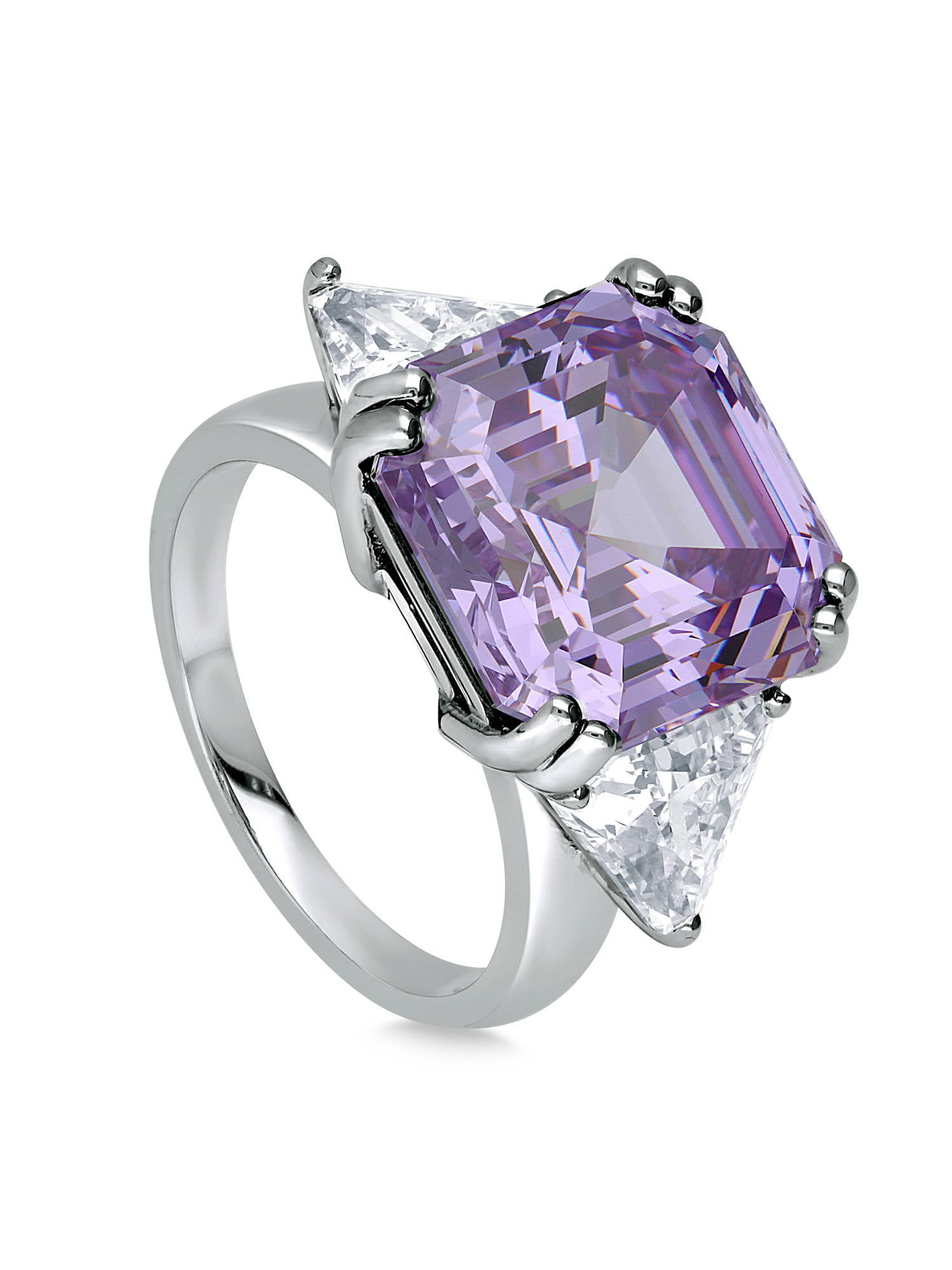 BERRICLE Sterling Silver 3-Stone Purple Asscher Cut Cubic Zirconia CZ  Statement Cocktail Fashion Anniversary Ring for Women, Rhodium Plated Size 9