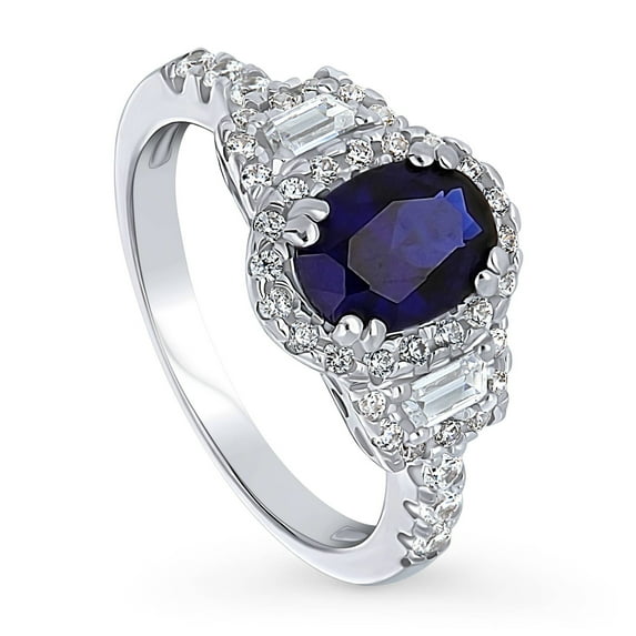 BERRICLE Sterling Silver 3-Stone Simulated Blue Sapphire Oval Cut Cubic Zirconia CZ Halo Fashion Ring for Women, Rhodium Plated 1.2 Carat Size 5.5