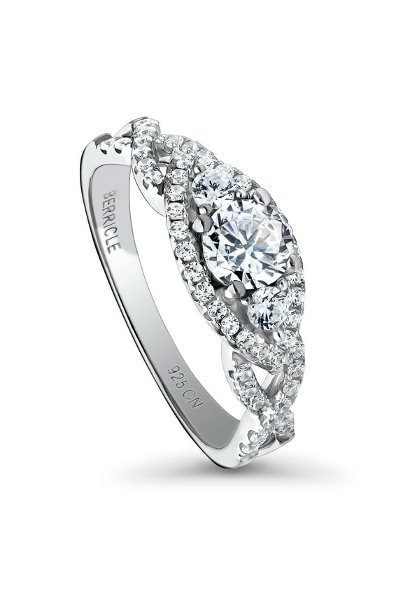 Sterling Silver 3-Stone Wedding Engagement Rings 0.45 Carat Round Cut Cubic Zirconia CZ Woven Promise Ring for Women, Rhodium Plated Size 7.5