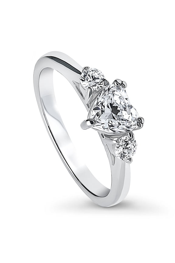 Sterling Silver 3-Stone Wedding Engagement Rings 0.7 Carat Heart Shaped Cubic Zirconia CZ Heart Promise Ring for Women, Rhodium Plated Size 5