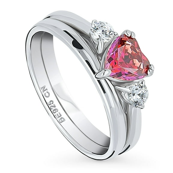 BERRICLE Sterling Silver 3-Stone Wedding Engagement Rings 0.7 Carat Red Heart Shaped Cubic Zirconia CZ Heart Ring Set for Women, Rhodium Plated Size 9