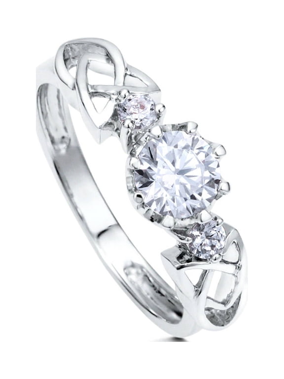 Sterling Silver 3-Stone Wedding Engagement Rings 0.8 Carat Round Cut Cubic Zirconia CZ Celtic Knot Promise Ring for Women, Rhodium Plated Size 5.5