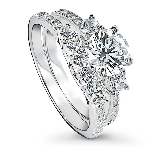 BERRICLE Sterling Silver 3-Stone Wedding Engagement Rings 1.25 Carat Round Cut Cubic Zirconia CZ 5-Stone Ring Set for Women, Rhodium Plated Size 6.5
