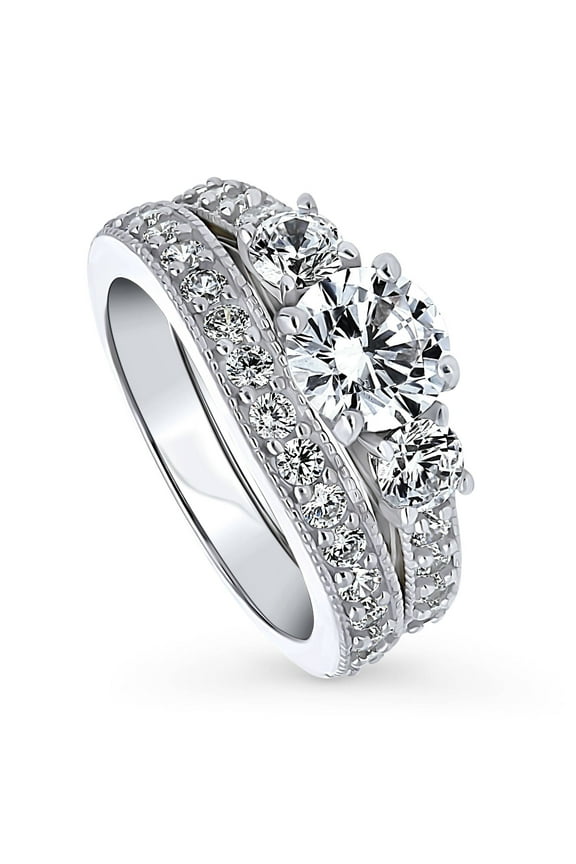 Sterling Silver 3-Stone Wedding Engagement Rings 1.25 Carat Round Cut Cubic Zirconia CZ Ring Set for Women, Rhodium Plated Size 6