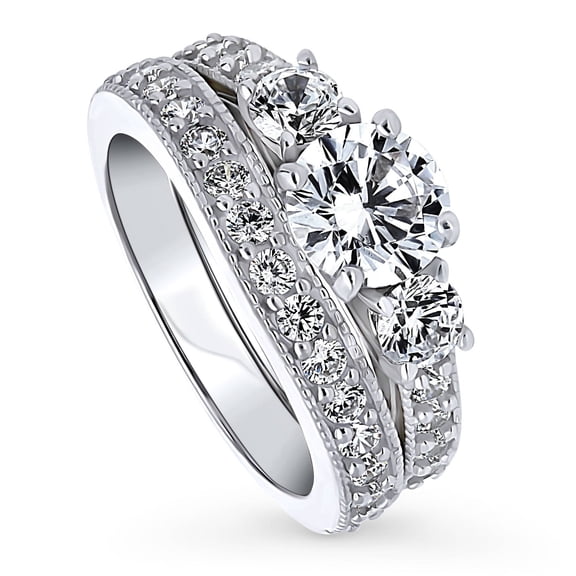 BERRICLE Sterling Silver 3-Stone Wedding Engagement Rings 1.25 Carat Round Cut Cubic Zirconia CZ Ring Set for Women, Rhodium Plated Size 8