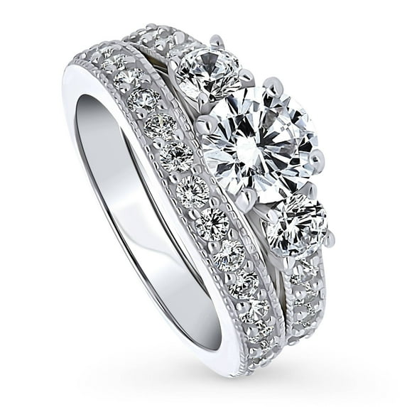 BERRICLE Sterling Silver 3-Stone Wedding Engagement Rings 1.25 Carat Round Cut Cubic Zirconia CZ Ring Set for Women, Rhodium Plated Size 9.5