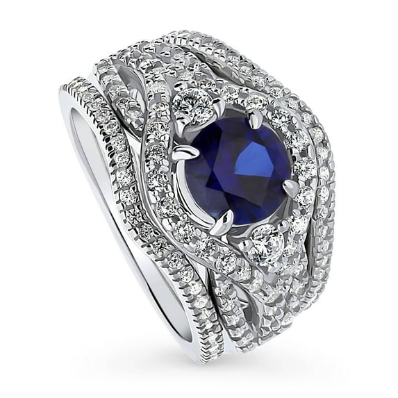 BERRICLE Sterling Silver 3-Stone Wedding Engagement Rings 1.25 Carat Simulated Blue Sapphire Round Cut Cubic Zirconia CZ Wishbone Ring Set for Women, Rhodium Plated Size 6.5