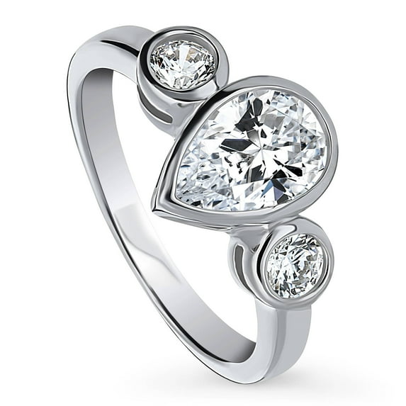 BERRICLE Sterling Silver 3-Stone Wedding Engagement Rings 1.3 Carat Pear Cut Cubic Zirconia CZ Anniversary Promise Ring for Women, Rhodium Plated Size 8