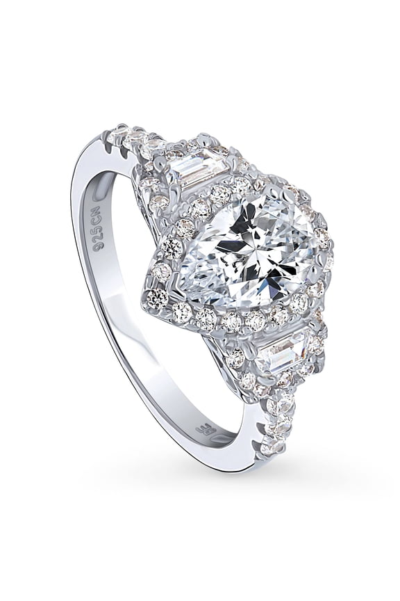 Sterling Silver 3-Stone Wedding Engagement Rings 1.3 Carat Pear Cut Cubic Zirconia CZ Halo Ring for Women, Rhodium Plated Size 4