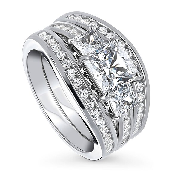 BERRICLE Sterling Silver 3-Stone Wedding Engagement Rings 1.6 Carat Princess Cut Cubic Zirconia CZ Ring Set for Women, Rhodium Plated Size 7