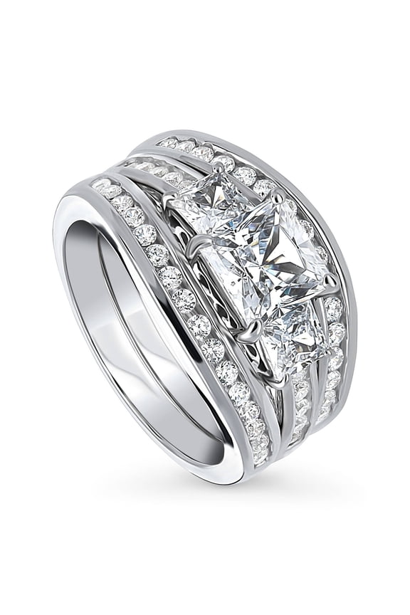 Sterling Silver 3-Stone Wedding Engagement Rings 1.6 Carat Princess Cut Cubic Zirconia CZ Ring Set for Women, Rhodium Plated Size 7