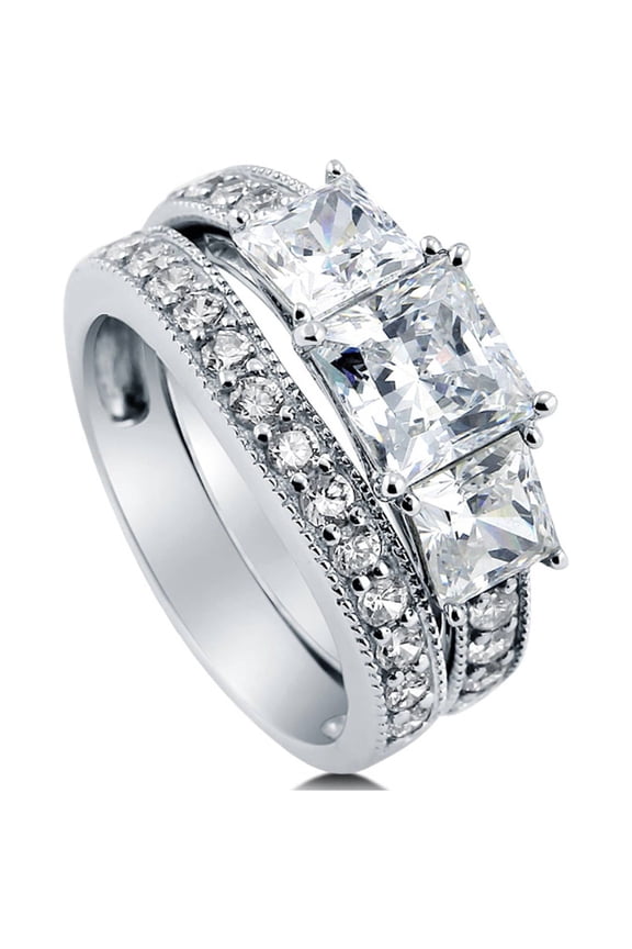 Sterling Silver 3-Stone Wedding Engagement Rings 1.6 Carat Princess Cut Cubic Zirconia CZ Ring Set for Women, Rhodium Plated Size 8.5