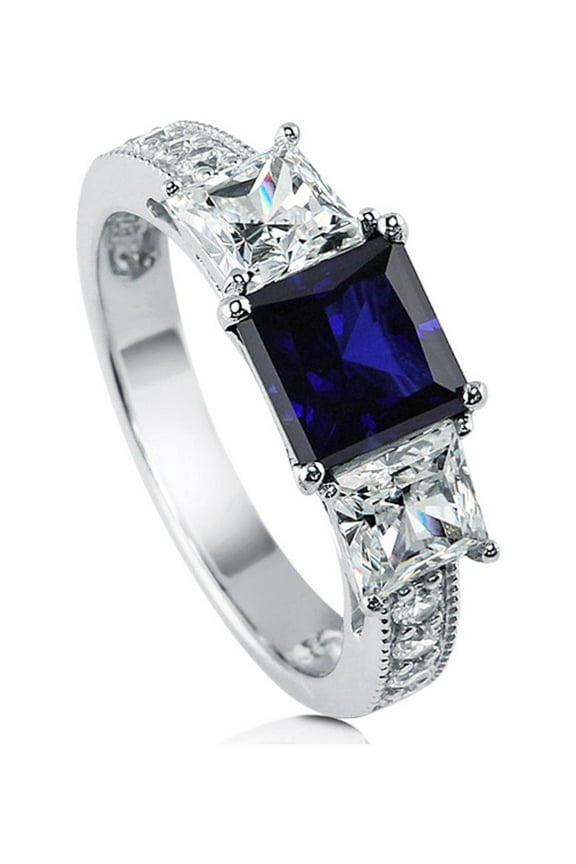 Sterling Silver 3-Stone Wedding Engagement Rings 1.6 Carat Simulated Blue Sapphire Princess Cut Cubic Zirconia CZ Anniversary Promise Ring for Women, Rhodium Plated Size 7.5